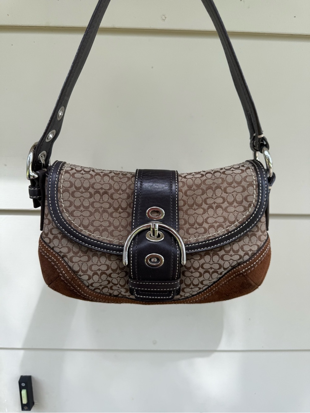 Coach Brown Signature Canvas Shoulder Bag with Dark Brown Trim